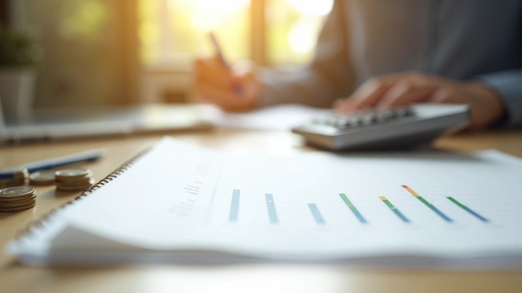 Schreibtisch mit Notizbuch, Taschenrechner und Finanzdiagrammen auf Papier