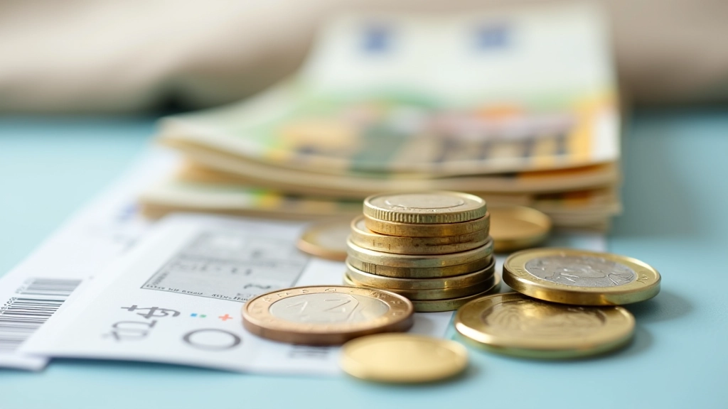 Stapel von Euro-Münzen und Geldscheinen mit fallender Linie zeigt Kaufkraftverlust