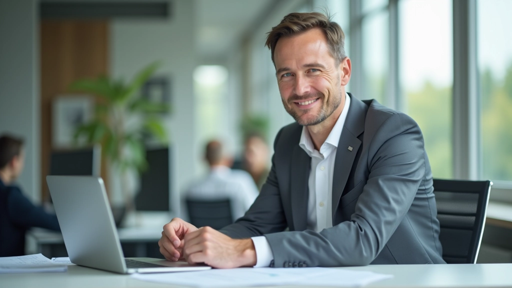 Mann im Business-Outfit sitzt zufrieden am Schreibtisch mit Laptop und Finanzunterlagen