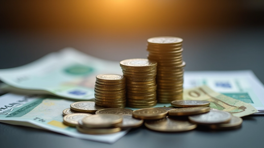 Gestapelte Euro-Münzen und Banknoten mit Inflationsdiagramm im Hintergrund