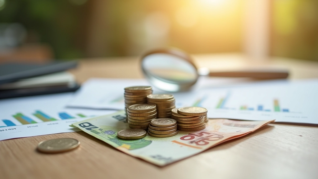 Verschiedene Münzen und Geldscheine auf einem Tisch, Lupe daneben